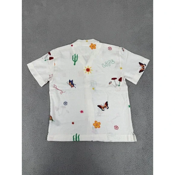 Malibu Shirt Mens Medium Ecru Button Up Lightweight Embroidered Butterflies Life - Picture 6 of 11